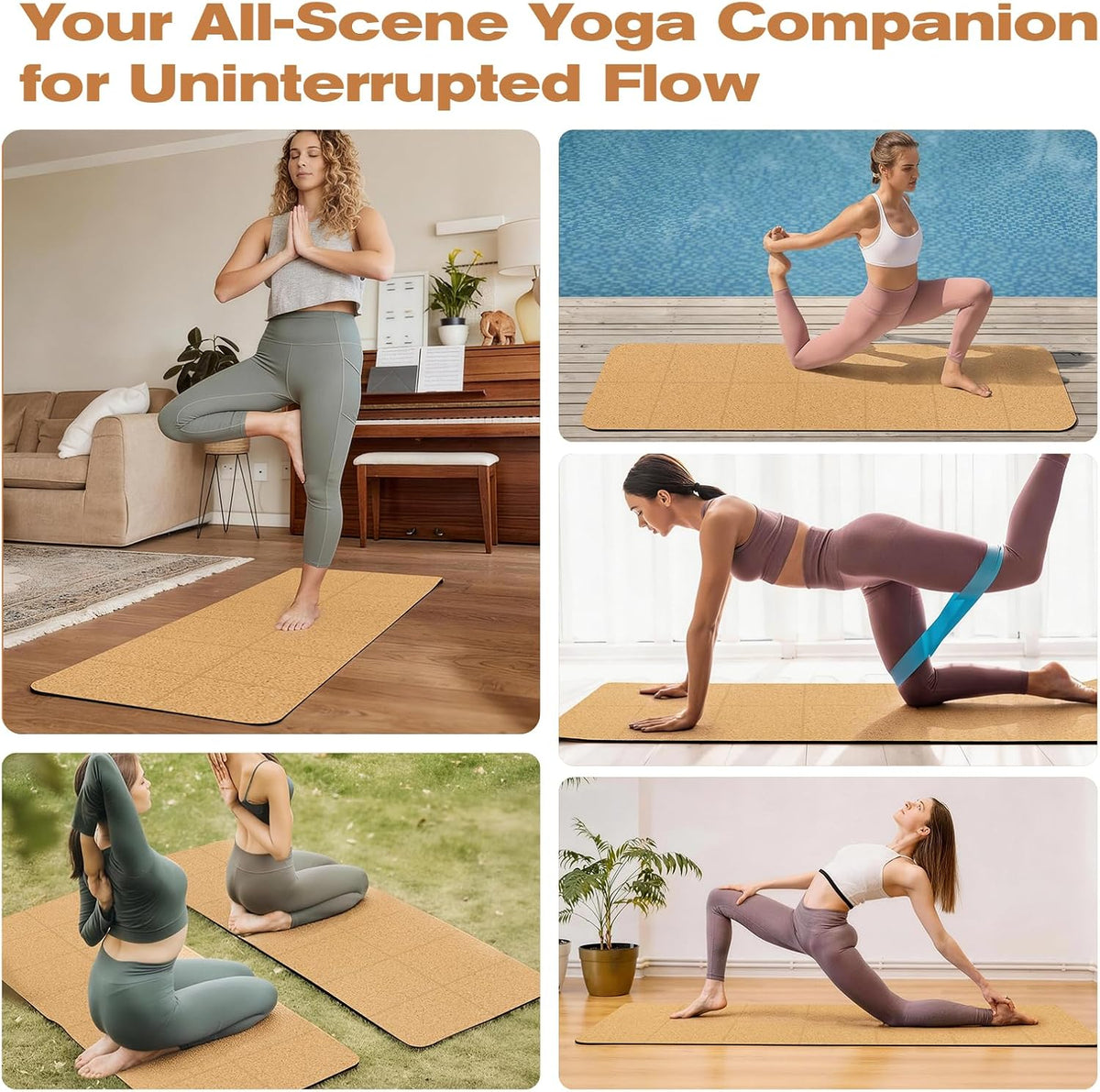 Foldable Cork Yoga Mat 72 * 24 in 4 mm Thick Sweat Resistant with Rubber Base Hot Yoga Mat with Storage Bag Lightweight Grip Mats for Travel and Pilates Fitness Home Workouts