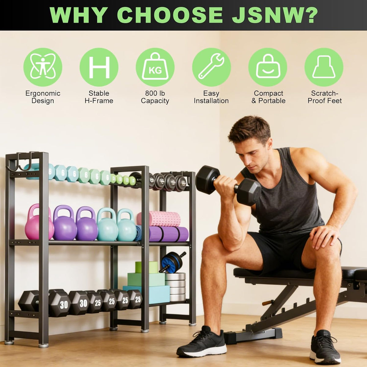 800LBS Capacity Multifunctional Gym Storage Rack with Side Hooks, Heavy Duty Adjustable Weight Storage Rack for Dumbbells Kettlebells Yoga Mat, Space Saving Workout Equipment Storage Organizer