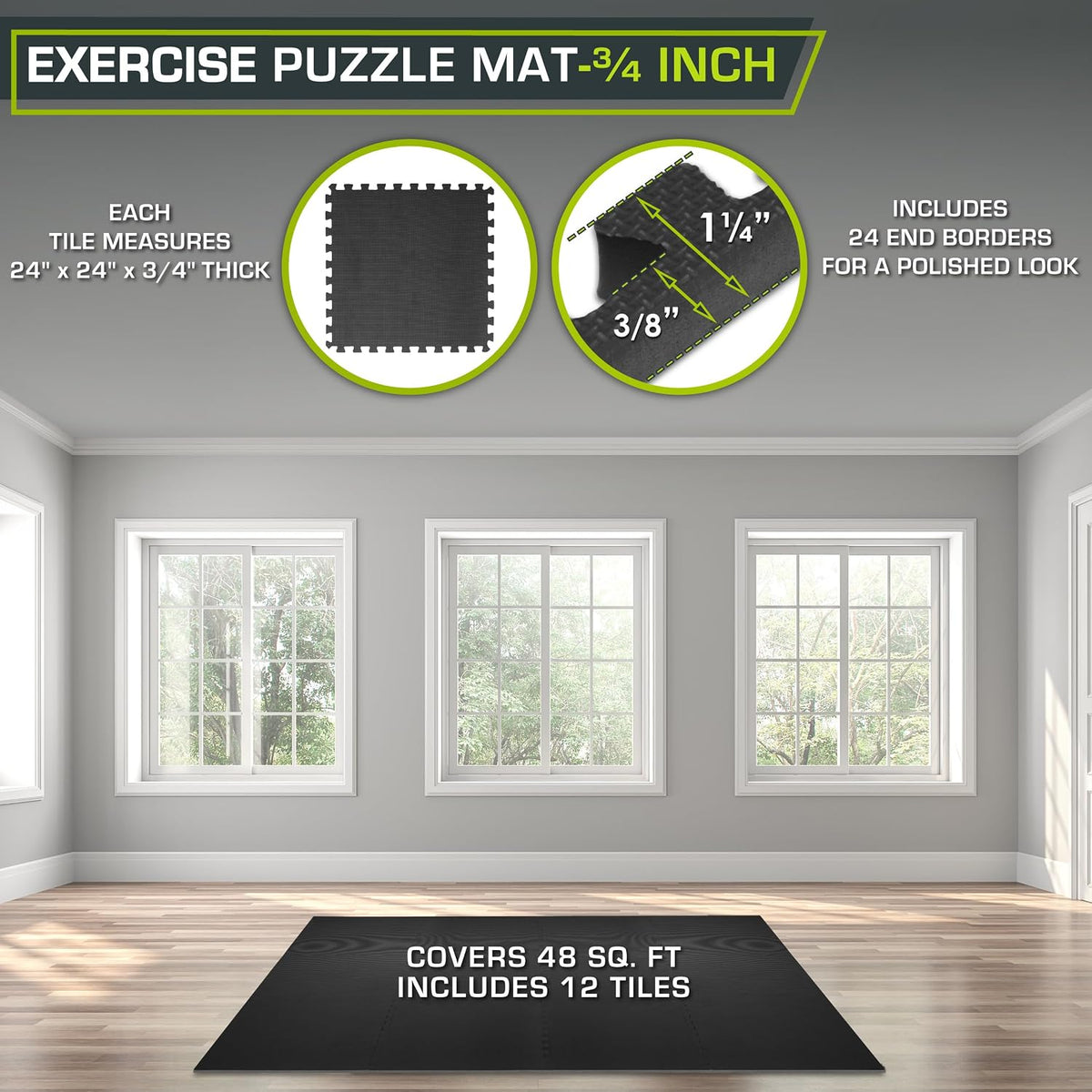 Weaved Pattern Extra Thick Exercise Puzzle Mat ¾-inch, EVA Foam Interlocking Tiles for Protective, Cushioned Flooring for Home and Gym Equipment; Grey, 24 SQ FT, 6 Tiles