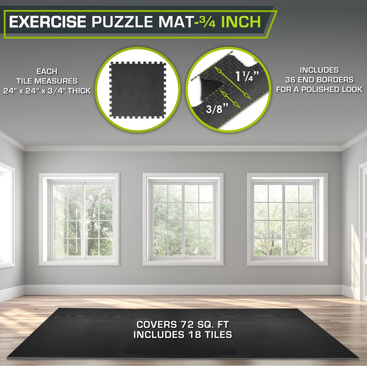 Weaved Pattern Extra Thick Exercise Puzzle Mat ¾-inch, EVA Foam Interlocking Tiles for Protective, Cushioned Flooring for Home and Gym Equipment; Grey, 24 SQ FT, 6 Tiles