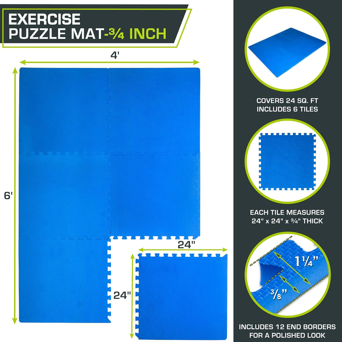 Weaved Pattern Extra Thick Exercise Puzzle Mat ¾-inch, EVA Foam Interlocking Tiles for Protective, Cushioned Flooring for Home and Gym Equipment; Grey, 24 SQ FT, 6 Tiles