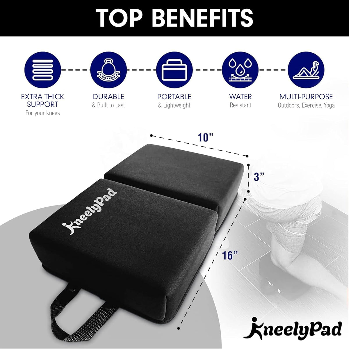 KneelyPad | Kneeling Pad for Gardening, Exercise, Cleaning, & Mechanic Work | Extra Thick Memory Foam Knee Cushion for Gardening & More with Washable Cover | Foldable Knee Pad with Handle