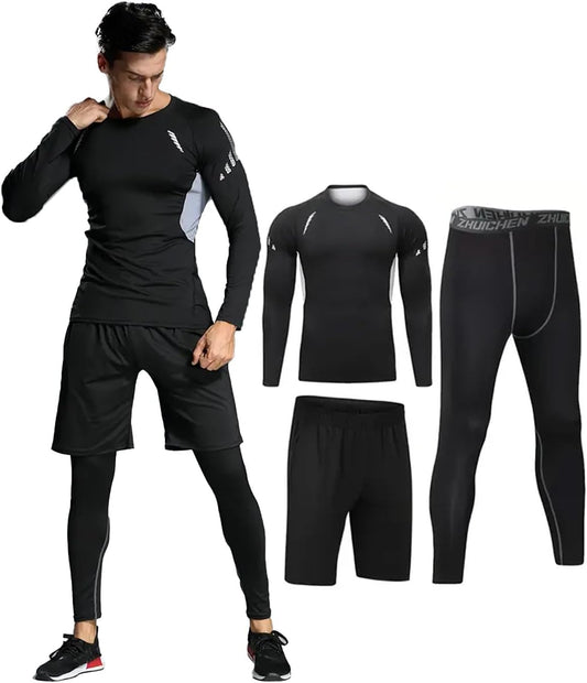 3 PCS Men's Compression Set - Workout Long Sleeve Top & Pants with running Shorts | Moisture-Wicking Gym Bundle