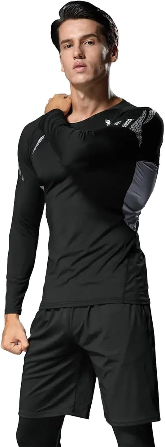 3 PCS Men's Compression Set - Workout Long Sleeve Top & Pants with running Shorts | Moisture-Wicking Gym Bundle