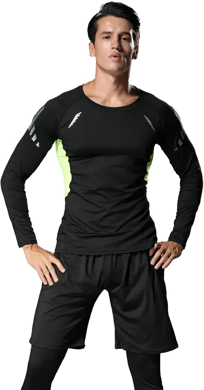 3 PCS Men's Compression Set - Workout Long Sleeve Top & Pants with running Shorts | Moisture-Wicking Gym Bundle