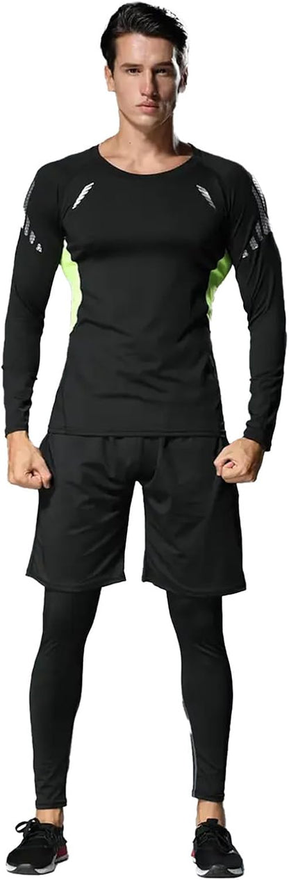 3 PCS Men's Compression Set - Workout Long Sleeve Top & Pants with running Shorts | Moisture-Wicking Gym Bundle