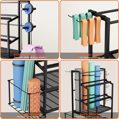 Dumbbell Rack with Wheels, Adjustable Heavy Duty Weight Stand for Dumbbells Kettlebells, Multi-Purpose Home Gym Storage Organizer for Yoga Mat Foam Roller, Workout Equipment Storage Rack