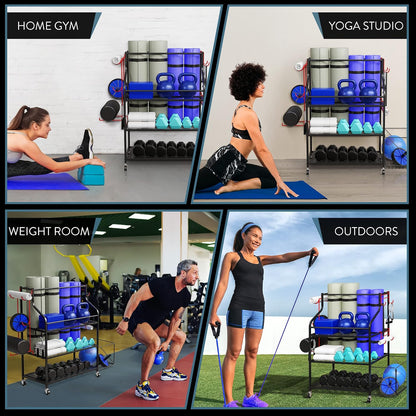 Cascina Home Gym Storage Rack - Weight Rack for Dumbbells, Kettlebells, Foam Roller, Resistance Bands and Yoga Mat Storage Holder - Exercise Workout Equipment Storage Organizer with Hooks and Wheels