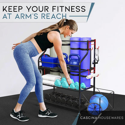 Cascina Home Gym Storage Rack - Weight Rack for Dumbbells, Kettlebells, Foam Roller, Resistance Bands and Yoga Mat Storage Holder - Exercise Workout Equipment Storage Organizer with Hooks and Wheels