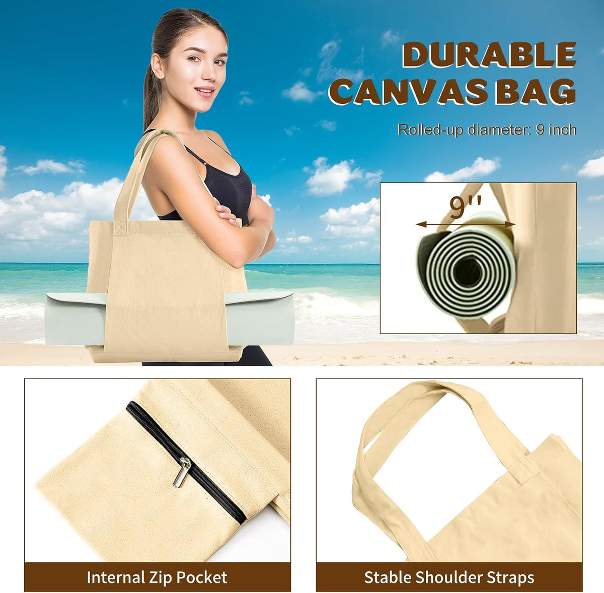 Yoga Mat Carrier, Gym Bag With Yoga Mat Holder, Women Canvas Tote With Shoulder Strap For Pilates, Travel, Office, Sports, Workout And Beach – Inner Zippered Pocket, Fits Standard And Small Mats