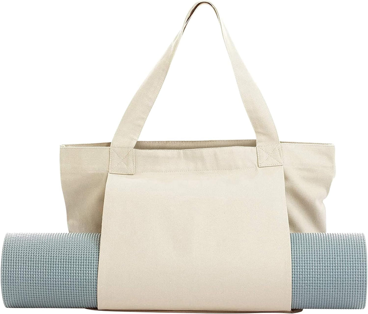 Yoga Mat Carrier, Gym Bag With Yoga Mat Holder, Women Canvas Tote With Shoulder Strap For Pilates, Travel, Office, Sports, Workout And Beach – Inner Zippered Pocket, Fits Standard And Small Mats