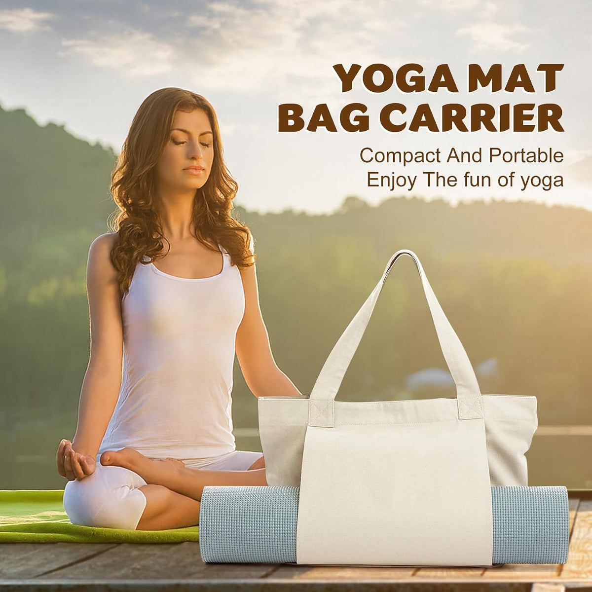 Yoga Mat Carrier, Gym Bag With Yoga Mat Holder, Women Canvas Tote With Shoulder Strap For Pilates, Travel, Office, Sports, Workout And Beach – Inner Zippered Pocket, Fits Standard And Small Mats