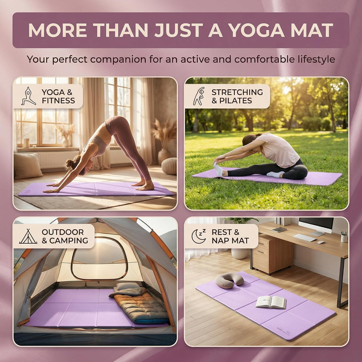 Foldable Travel Yoga Mat, 72"x32"x0.32" Extra Wide 8mm Thick Non-Slip Exercise Mat for Yoga, Pilates & Fitness-Purple