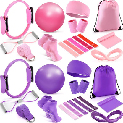 Home Pilates Essentials Kit for Women 30 Pcs Pilates Ring and Ball Equipment Set with Yoga Ball Stretching Strap 8 Shape Resistance Bands Non Slip Sock Wristbands Gym Bags Exercise