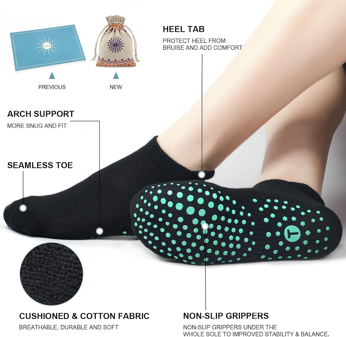 Pilates Socks for Women, Cushioned Grip Yoga Socks, Barre Socks