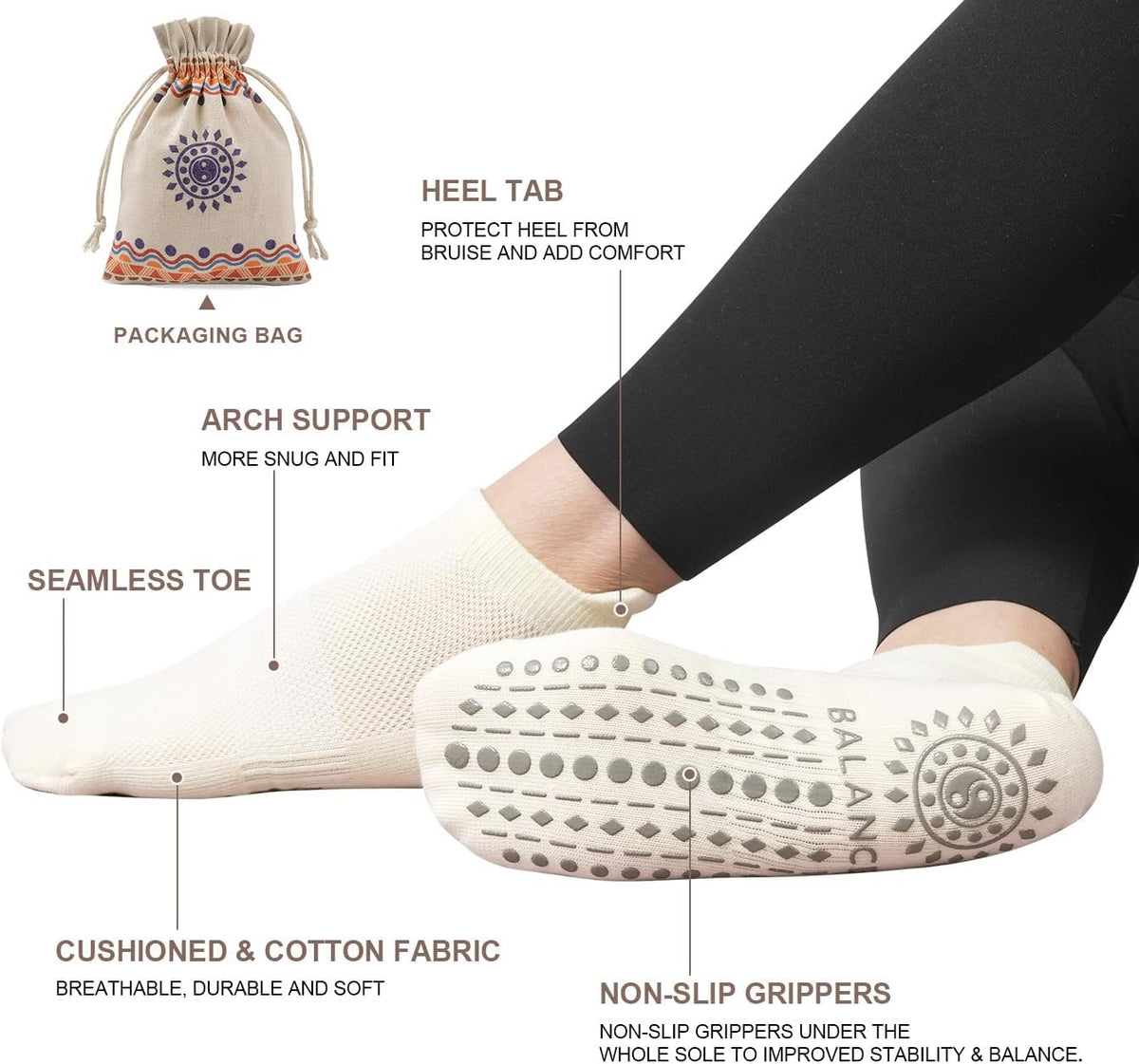 Pilates Socks for Women, Cushioned Grip Yoga Socks, Barre Socks
