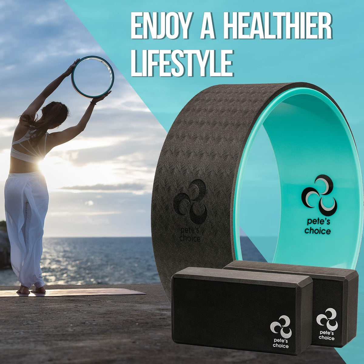 Yoga Wheel Kit for Beginners - Wheel, 2 Blocks, Strap & Guide