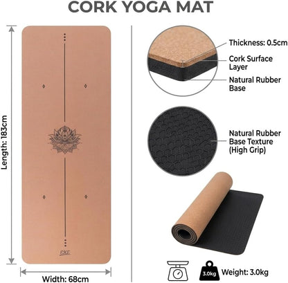 EKE Cork Yoga Mat with body Lines-Non-Slip Sweatproof Surface-100% Recycleable Materials-Eco Friendly-Ideal for Hot Yoga