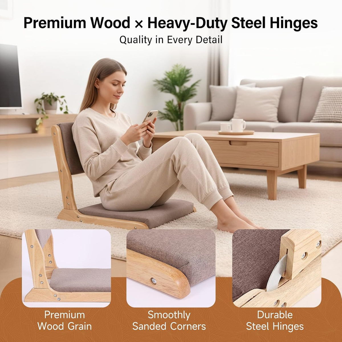 Tiita Foldable Meditation Floor Chairs with Back Support, Wood Grey