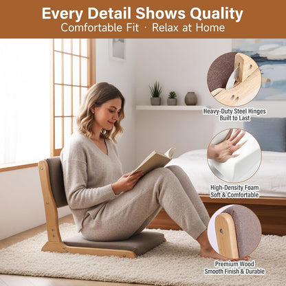 Tiita Foldable Meditation Floor Chairs with Back Support, Wood Grey