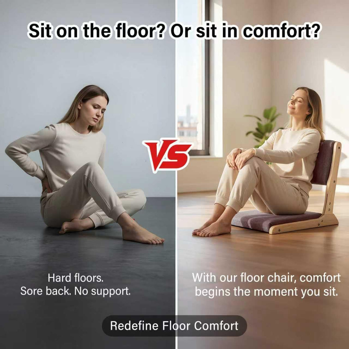 Tiita Foldable Meditation Floor Chairs with Back Support, Wood Grey