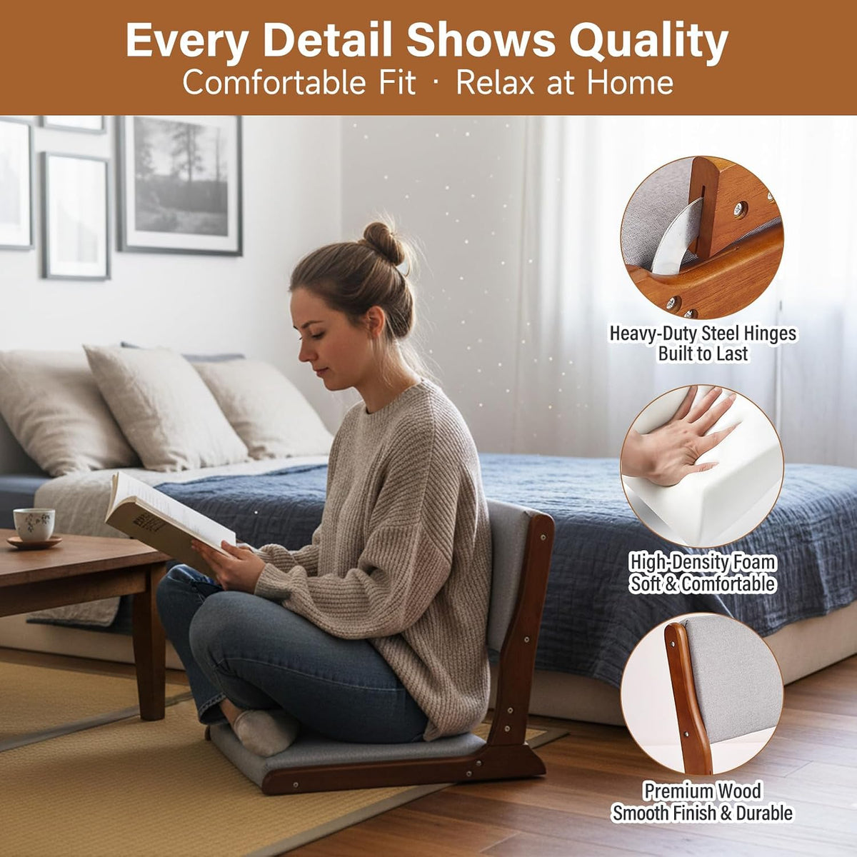 Tiita Foldable Meditation Floor Chairs with Back Support, Wood Grey