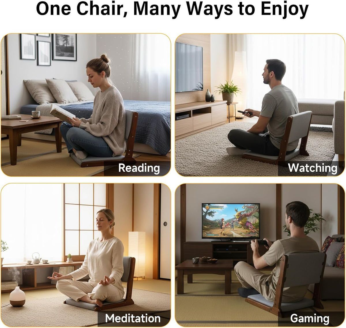 Tiita Foldable Meditation Floor Chairs with Back Support, Wood Grey