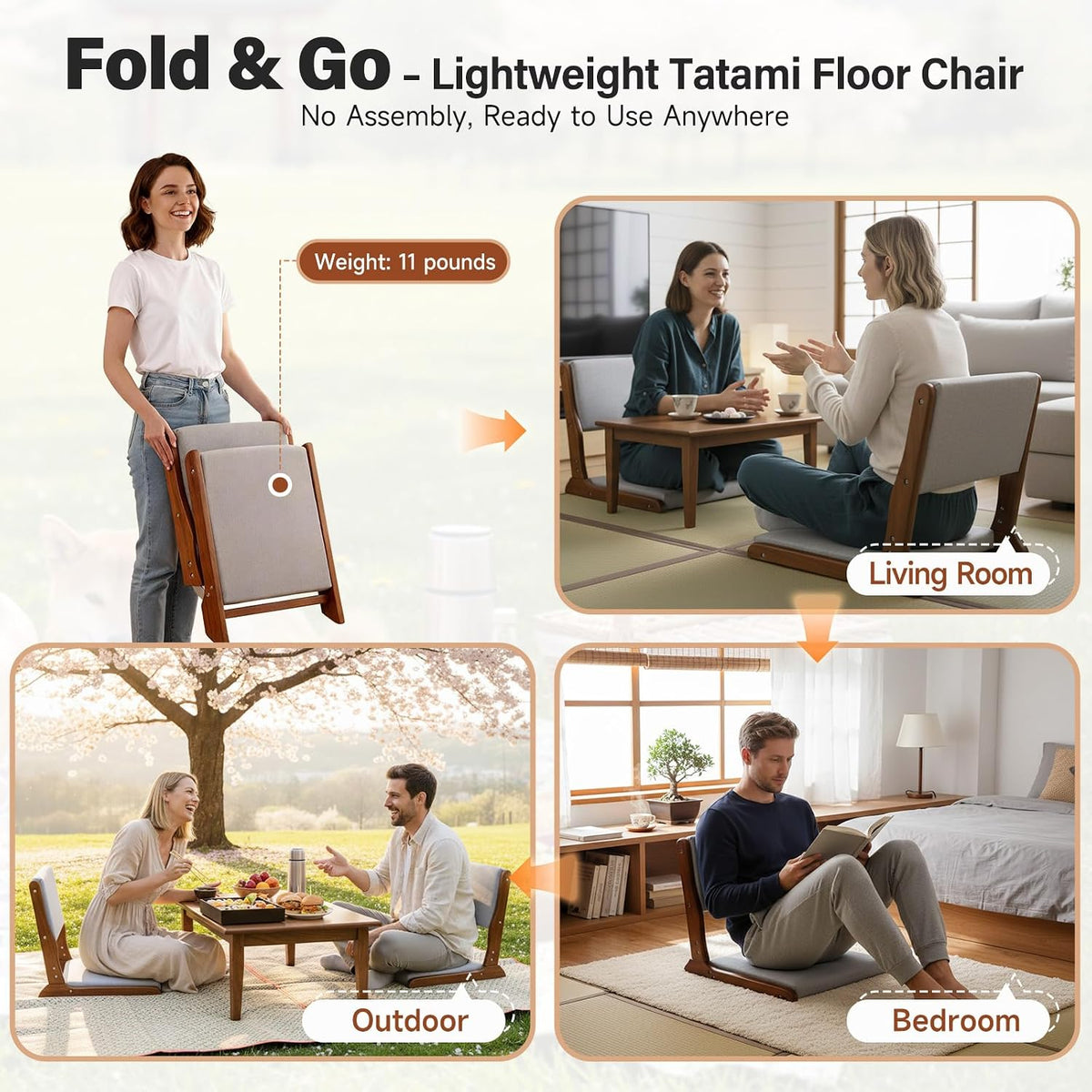 Tiita Foldable Meditation Floor Chairs with Back Support, Wood Grey