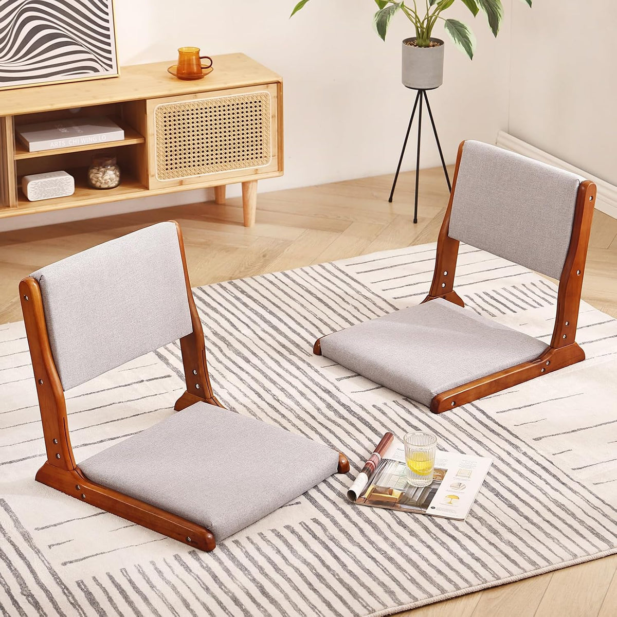 Tiita Foldable Meditation Floor Chairs with Back Support, Wood Grey
