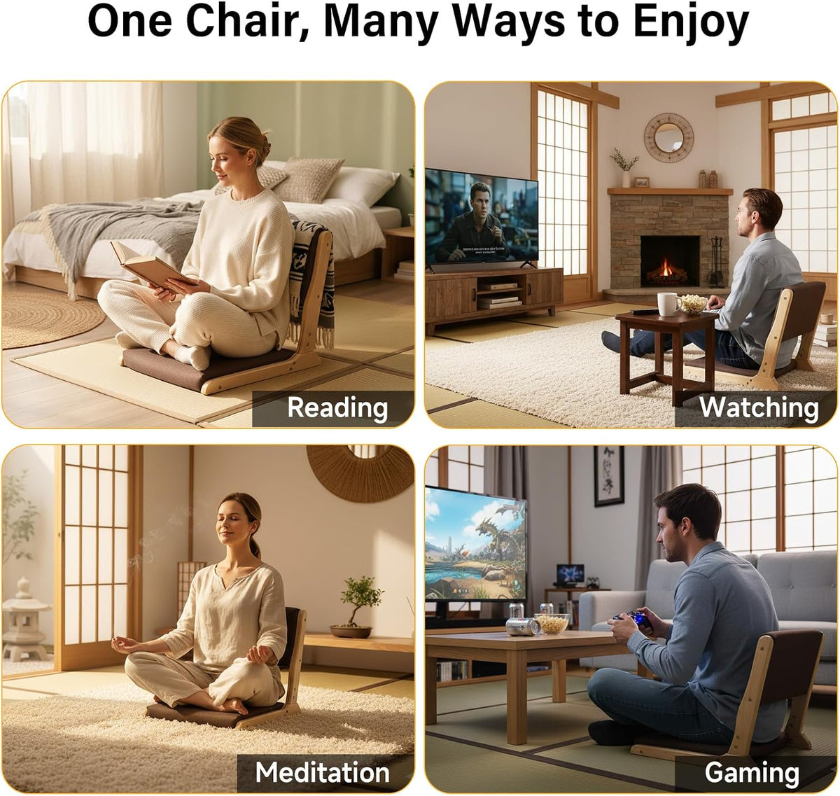 Tiita Foldable Meditation Floor Chairs with Back Support, Wood Grey