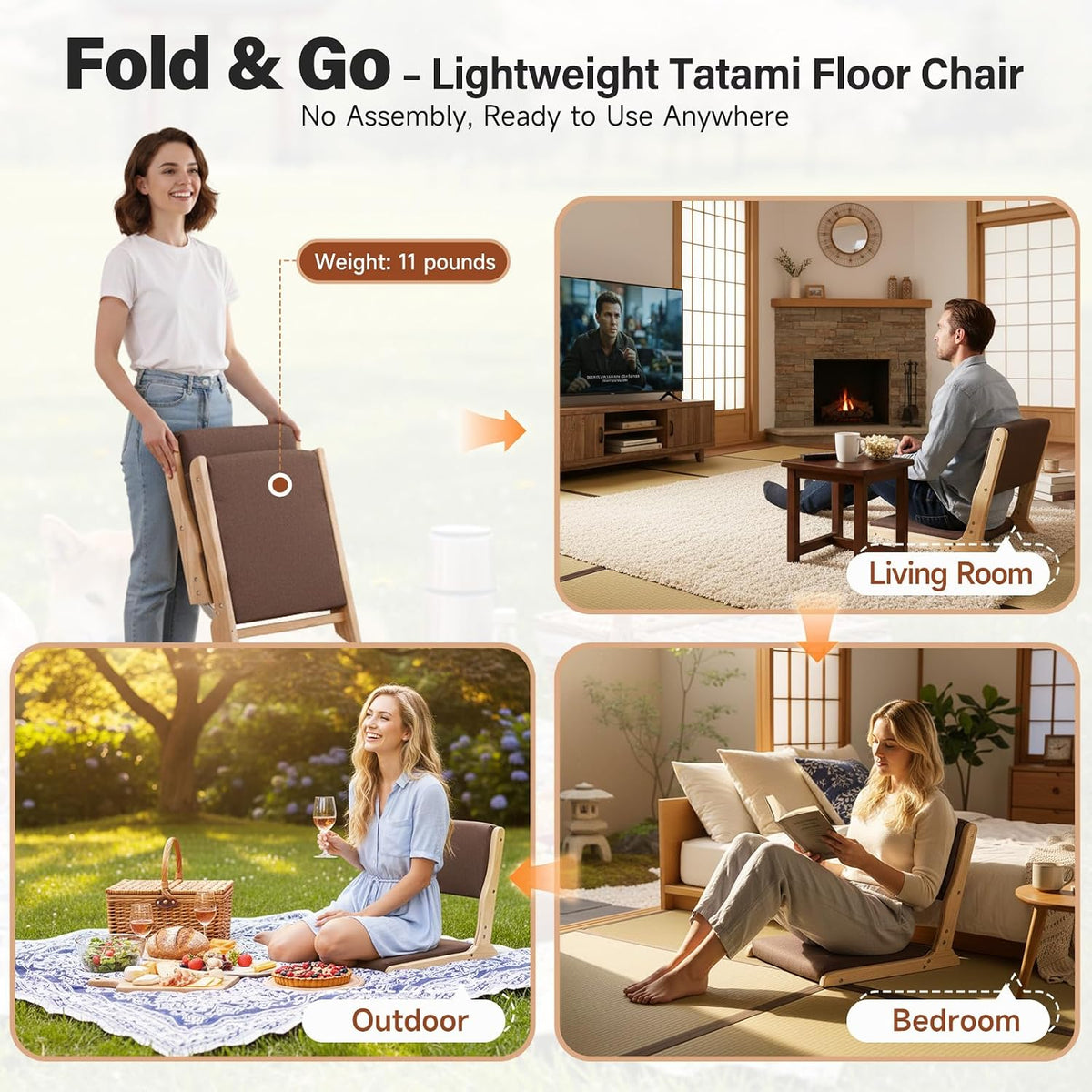 Tiita Foldable Meditation Floor Chairs with Back Support, Wood Grey