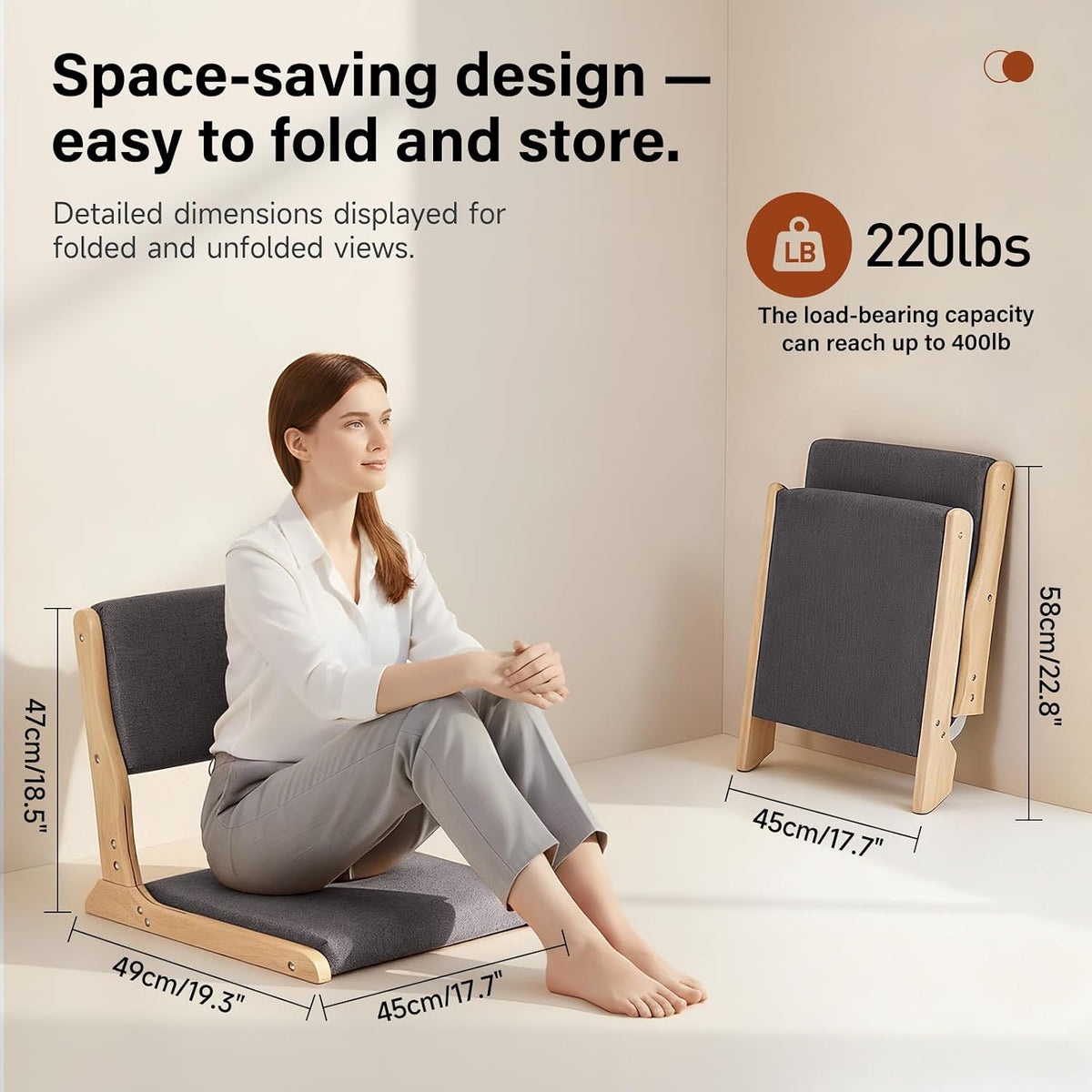 Tiita Foldable Meditation Floor Chairs with Back Support, Wood Grey
