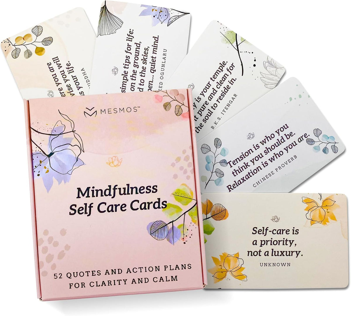 MESMOS 52 Mindfulness Cards with Action Plans. Relaxation Stress Relief Gifts for Men and Women, Positive Affirmation Cards, Anxiety Relief Items, Meditation Self Care Kit, Relaxing Spiritual Gifts