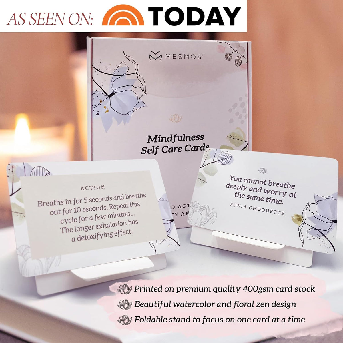 MESMOS 52 Mindfulness Cards with Action Plans. Relaxation Stress Relief Gifts for Men and Women, Positive Affirmation Cards, Anxiety Relief Items, Meditation Self Care Kit, Relaxing Spiritual Gifts