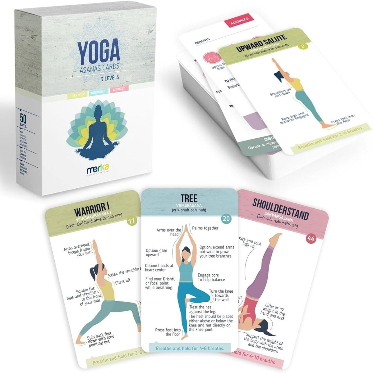 Yoga Cards Flashcard Deck - 50 Plastic Cards, One Size - 45 Asanas & Sanskrit Names - Yoga Gifts for Women