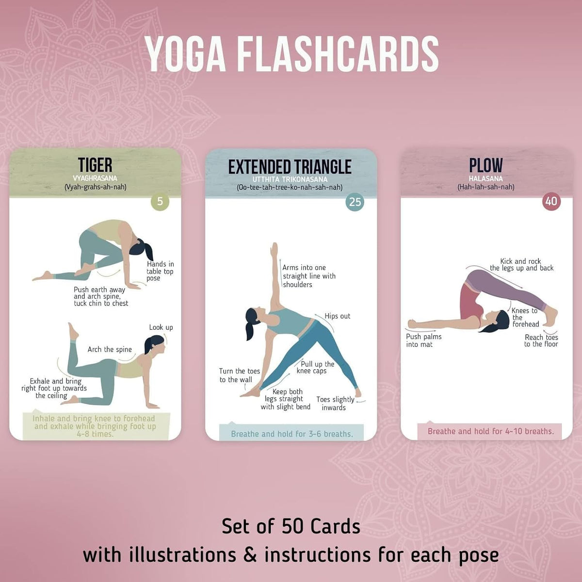 Yoga Cards Flashcard Deck - 50 Plastic Cards, One Size - 45 Asanas & Sanskrit Names - Yoga Gifts for Women