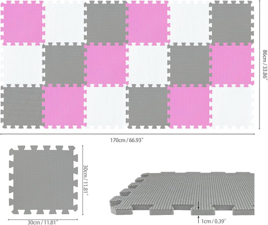 EVA Rubber 18 Tiles Interlocking Puzzle Foam Floor Mats - Baby Play Mat for Playing | Exercise Mat for Home Workout. White, Pink, Gray. QC-ACLb18N