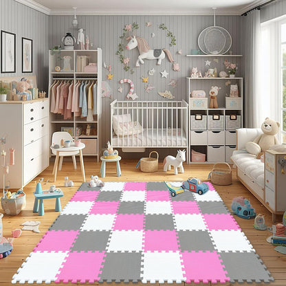 EVA Rubber 18 Tiles Interlocking Puzzle Foam Floor Mats - Baby Play Mat for Playing | Exercise Mat for Home Workout. White, Pink, Gray. QC-ACLb18N