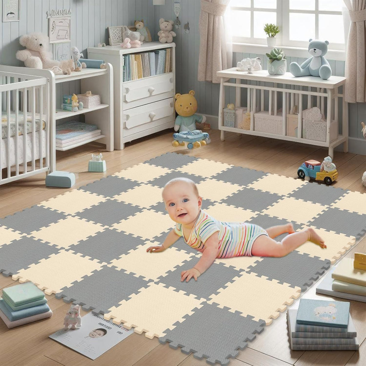 EVA Rubber 18 Tiles Interlocking Puzzle Foam Floor Mats - Baby Play Mat for Playing | Exercise Mat for Home Workout. White, Pink, Gray. QC-ACLb18N