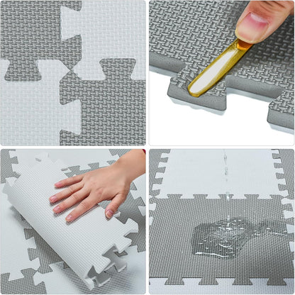 EVA Rubber 18 Tiles Interlocking Puzzle Foam Floor Mats - Baby Play Mat for Playing | Exercise Mat for Home Workout. White, Pink, Gray. QC-ACLb18N