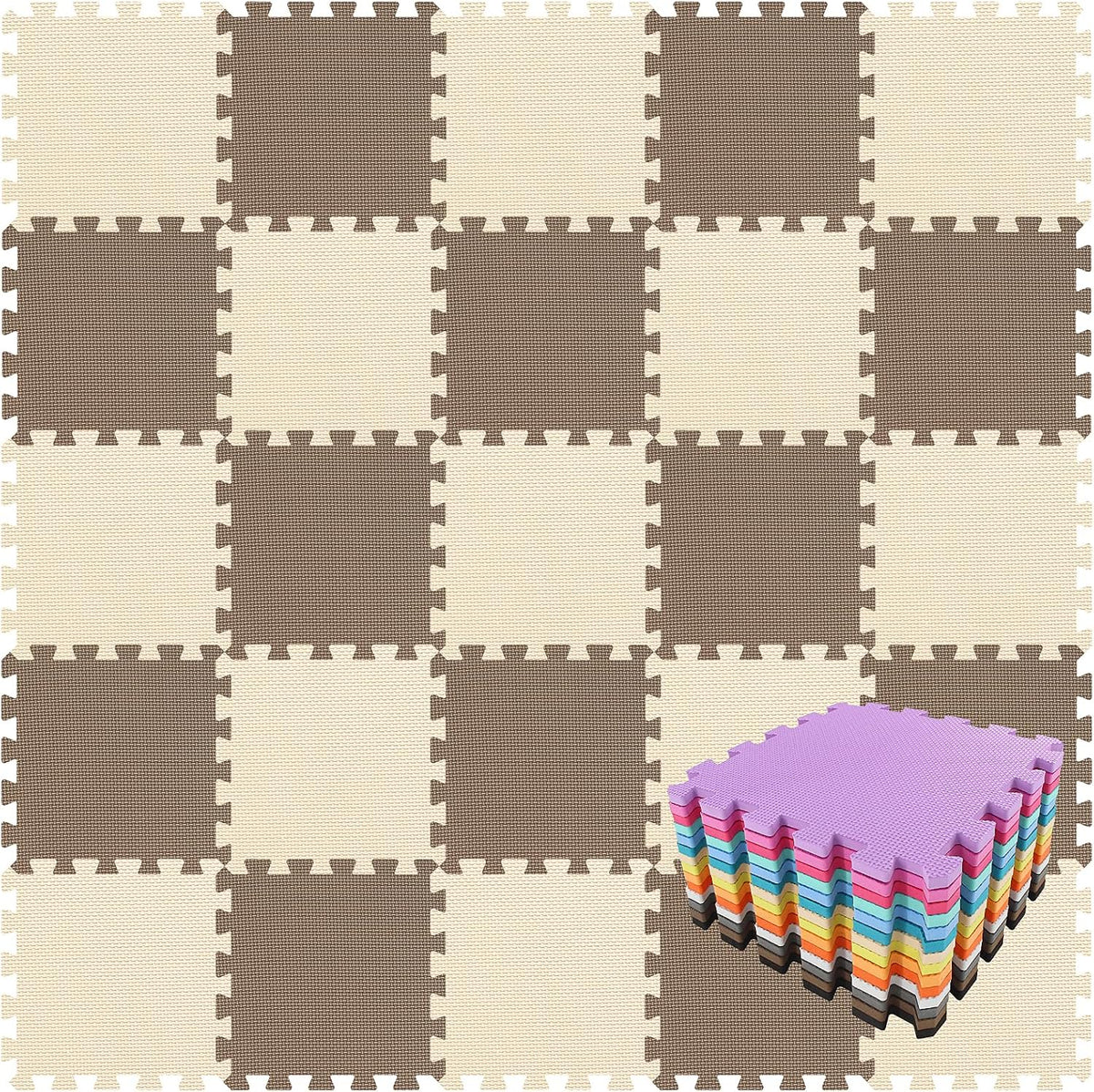 EVA Rubber 18 Tiles Interlocking Puzzle Foam Floor Mats - Baby Play Mat for Playing | Exercise Mat for Home Workout. White, Pink, Gray. QC-ACLb18N