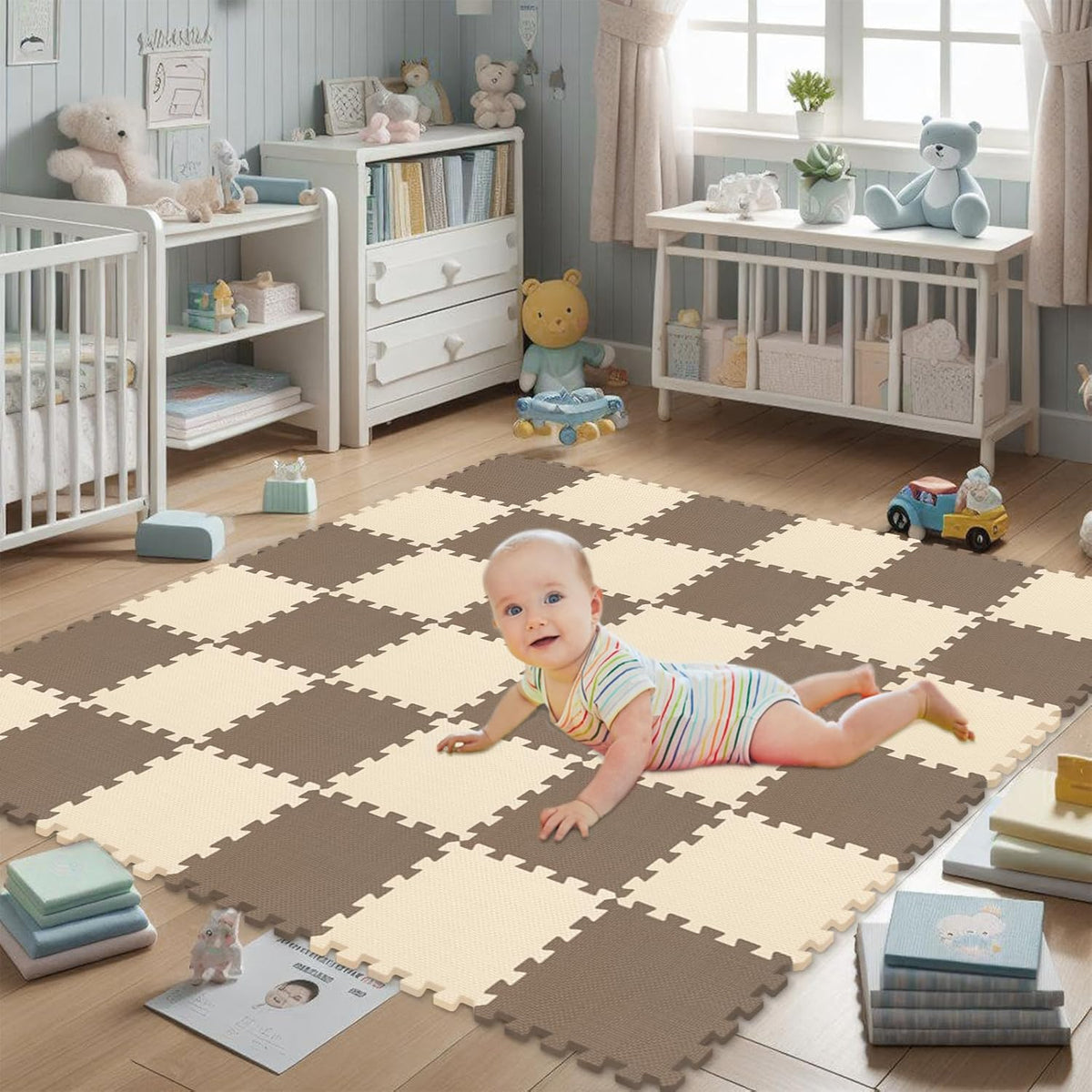 EVA Rubber 18 Tiles Interlocking Puzzle Foam Floor Mats - Baby Play Mat for Playing | Exercise Mat for Home Workout. White, Pink, Gray. QC-ACLb18N