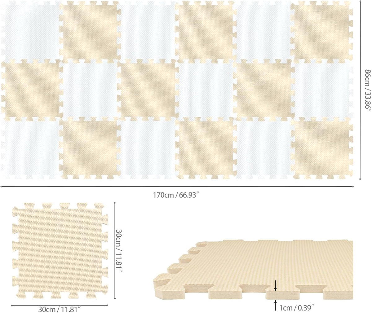 EVA Rubber 18 Tiles Interlocking Puzzle Foam Floor Mats - Baby Play Mat for Playing | Exercise Mat for Home Workout. White, Pink, Gray. QC-ACLb18N