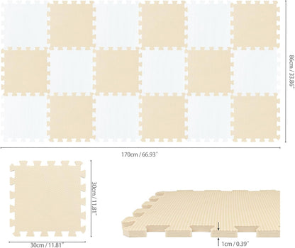 EVA Rubber 18 Tiles Interlocking Puzzle Foam Floor Mats - Baby Play Mat for Playing | Exercise Mat for Home Workout. White, Pink, Gray. QC-ACLb18N