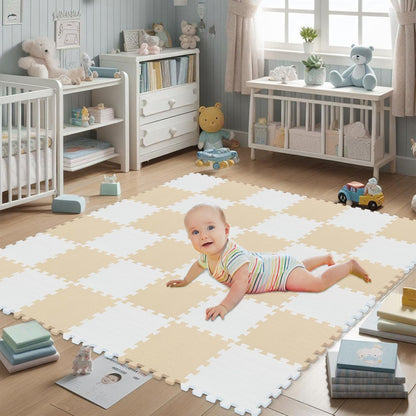 EVA Rubber 18 Tiles Interlocking Puzzle Foam Floor Mats - Baby Play Mat for Playing | Exercise Mat for Home Workout. White, Pink, Gray. QC-ACLb18N