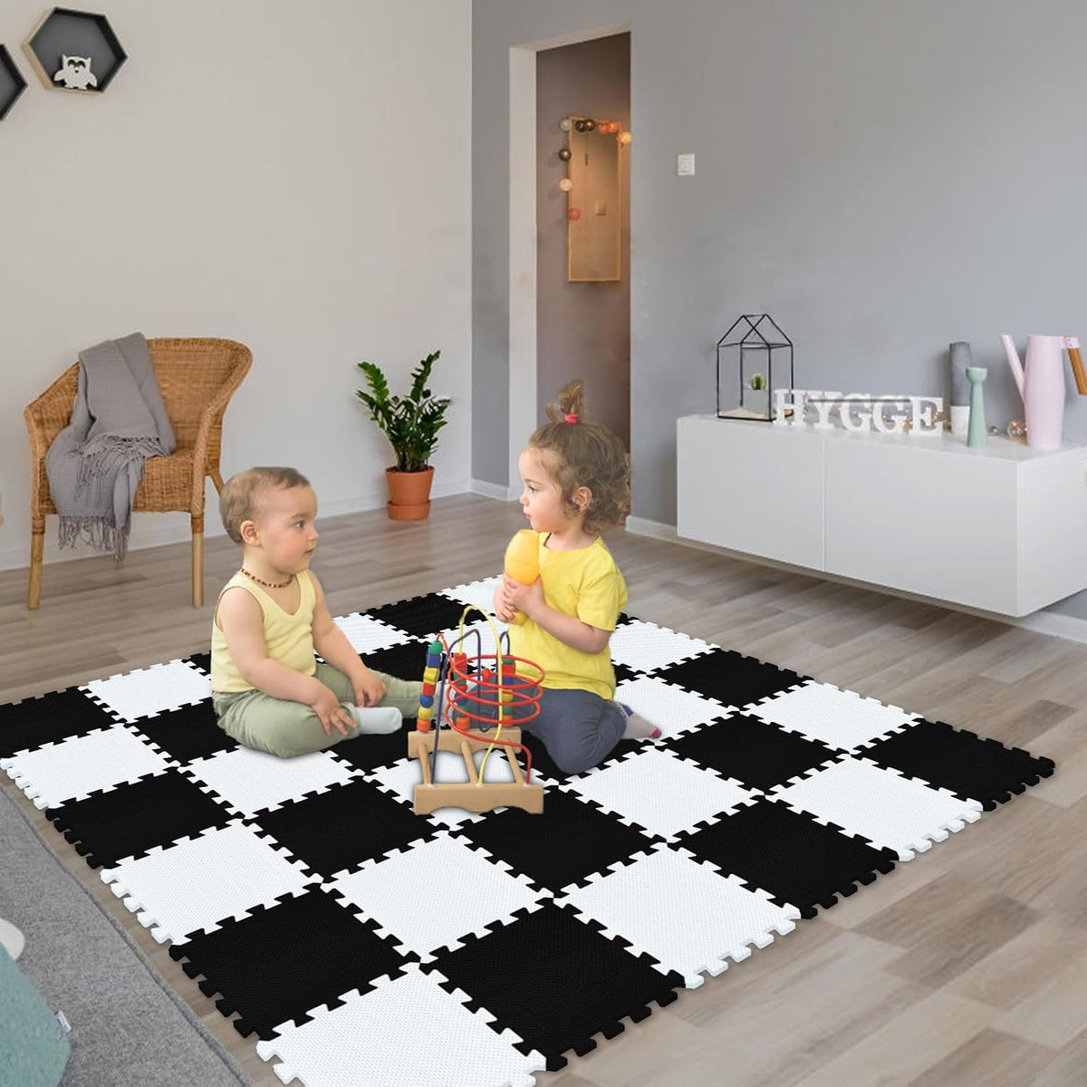 EVA Rubber 18 Tiles Interlocking Puzzle Foam Floor Mats - Baby Play Mat for Playing | Exercise Mat for Home Workout. White, Pink, Gray. QC-ACLb18N