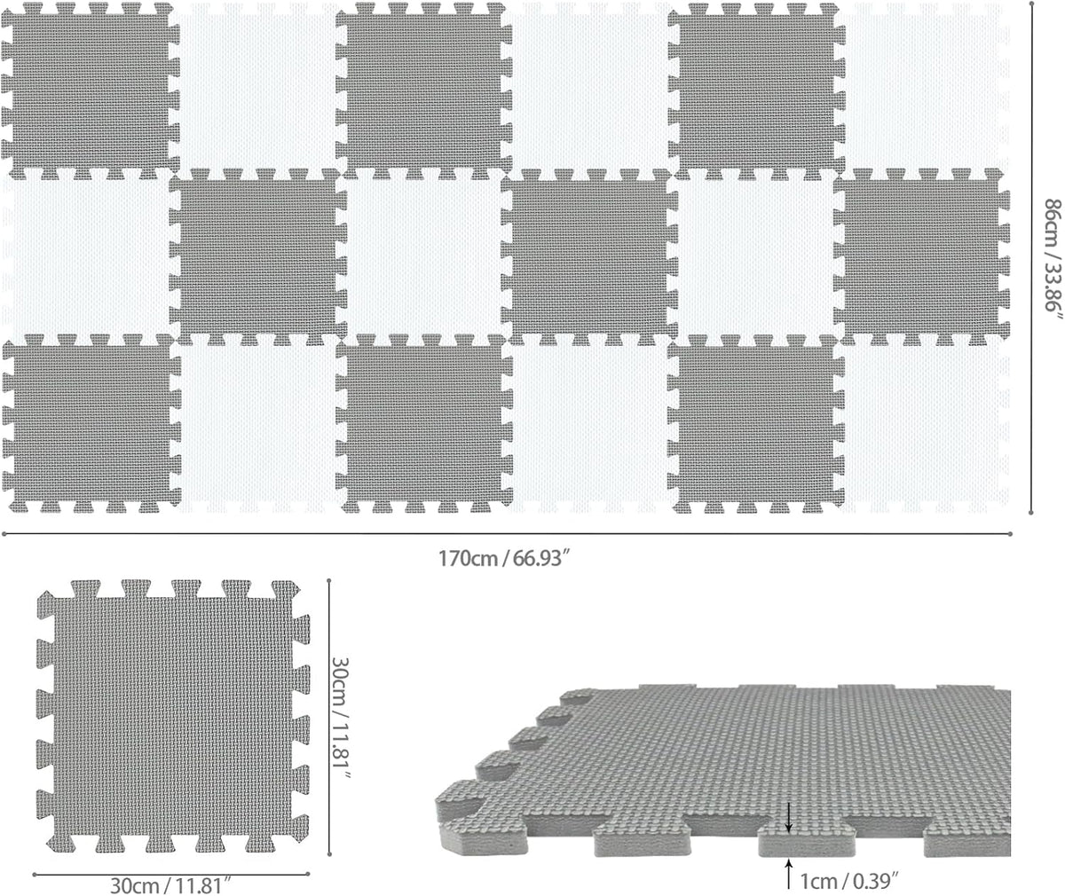 EVA Rubber 18 Tiles Interlocking Puzzle Foam Floor Mats - Baby Play Mat for Playing | Exercise Mat for Home Workout. White, Pink, Gray. QC-ACLb18N