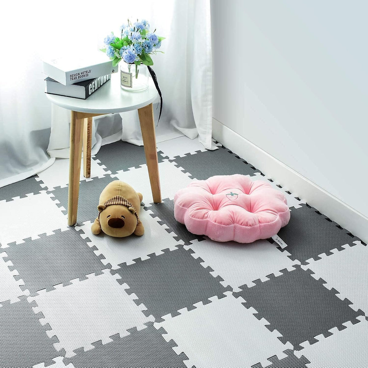 EVA Rubber 18 Tiles Interlocking Puzzle Foam Floor Mats - Baby Play Mat for Playing | Exercise Mat for Home Workout. White, Pink, Gray. QC-ACLb18N
