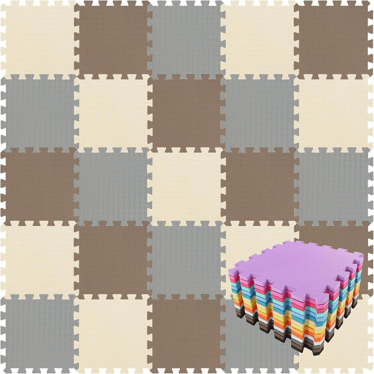 EVA Rubber 18 Tiles Interlocking Puzzle Foam Floor Mats - Baby Play Mat for Playing | Exercise Mat for Home Workout. White, Pink, Gray. QC-ACLb18N