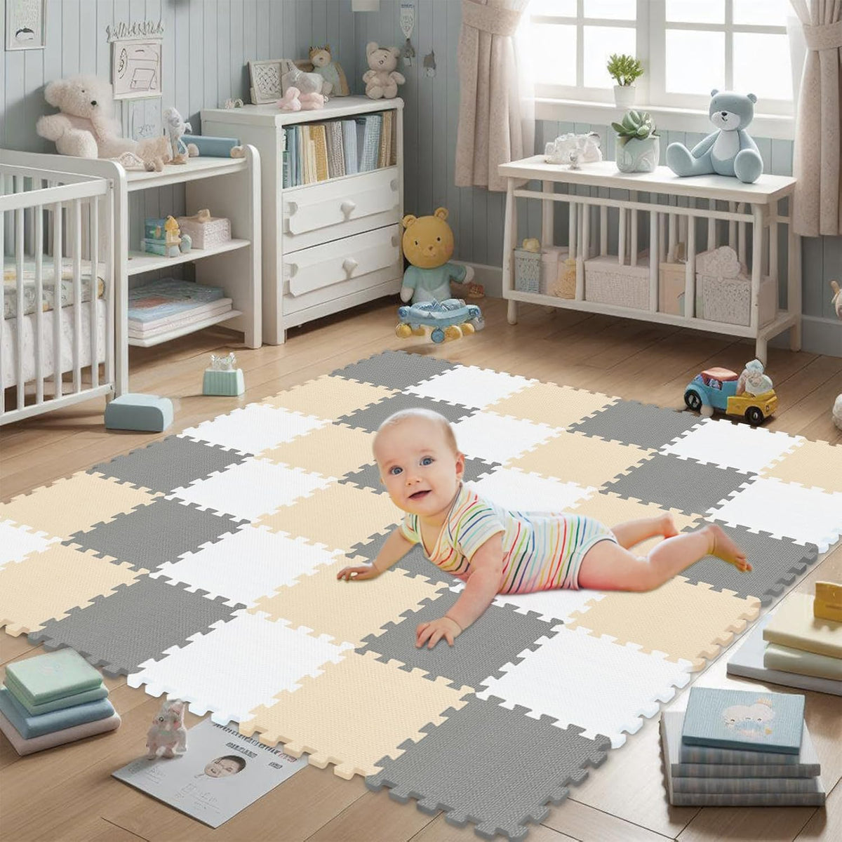 EVA Rubber 18 Tiles Interlocking Puzzle Foam Floor Mats - Baby Play Mat for Playing | Exercise Mat for Home Workout. White, Pink, Gray. QC-ACLb18N